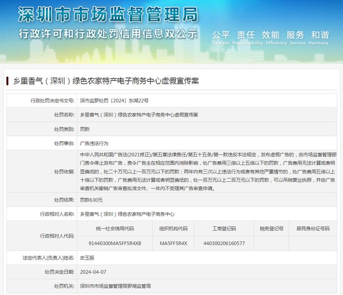 乡里香气（深圳）绿色农家特产电子商务中心虚假宣传案