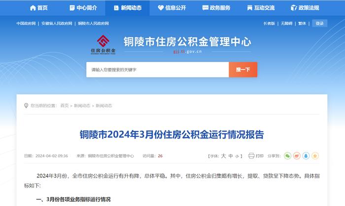 安徽省铜陵市2024年3月份住房公积金运行情况发布，归集住房公积金2.47亿元