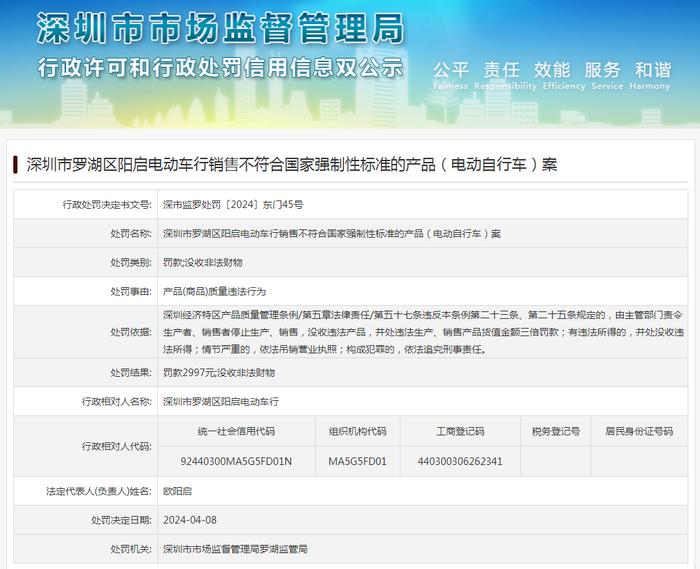 深圳市罗湖区阳启电动车行销售不符合国家强制性标准的产品（电动自行车）案