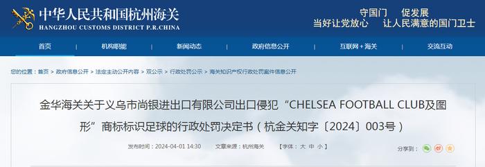 金华海关关于义乌市尚银进出口有限公司出口侵犯“CHELSEA FOOTBALL CLUB及图形”商标标识足球的行政处罚决定书