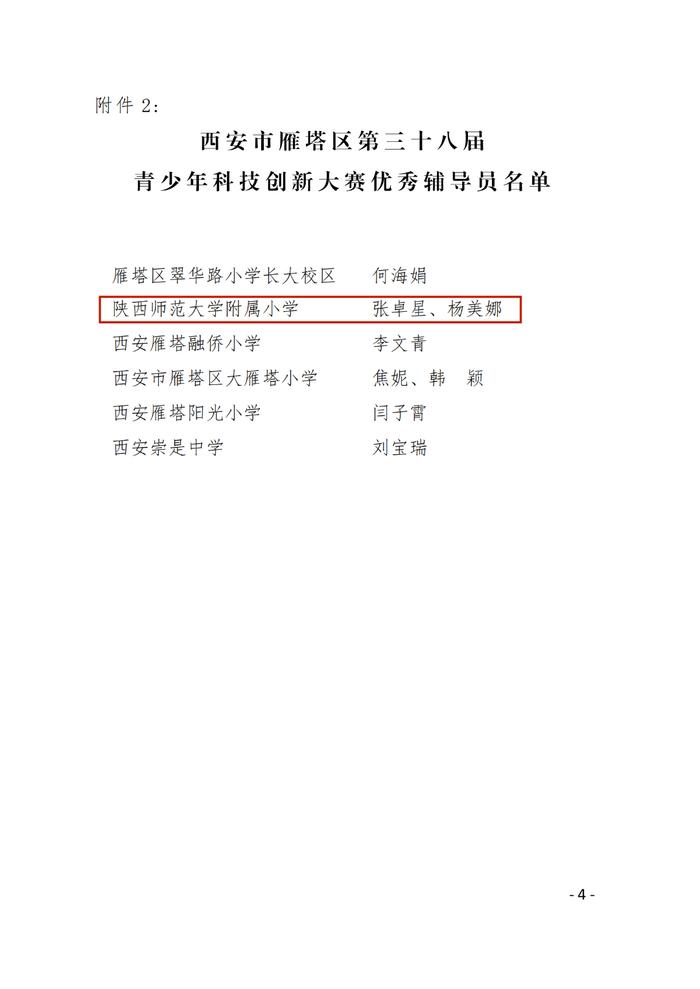 陕西师范大学附属小学在第三十八届西安市雁塔区青少年科技创新大赛中获奖