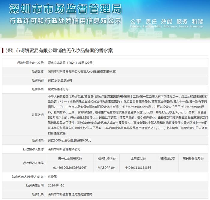 深圳市珂妍贸易有限公司销售无化妆品备案的香水案