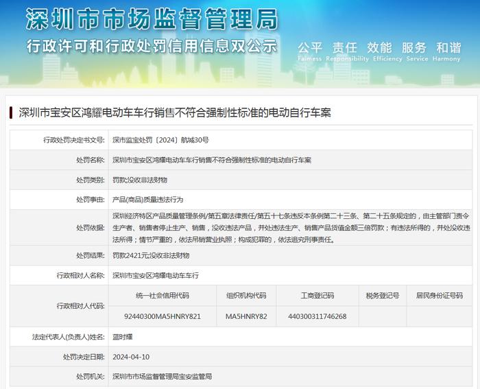 深圳市宝安区鸿耀电动车车行销售不符合强制性标准的电动自行车案