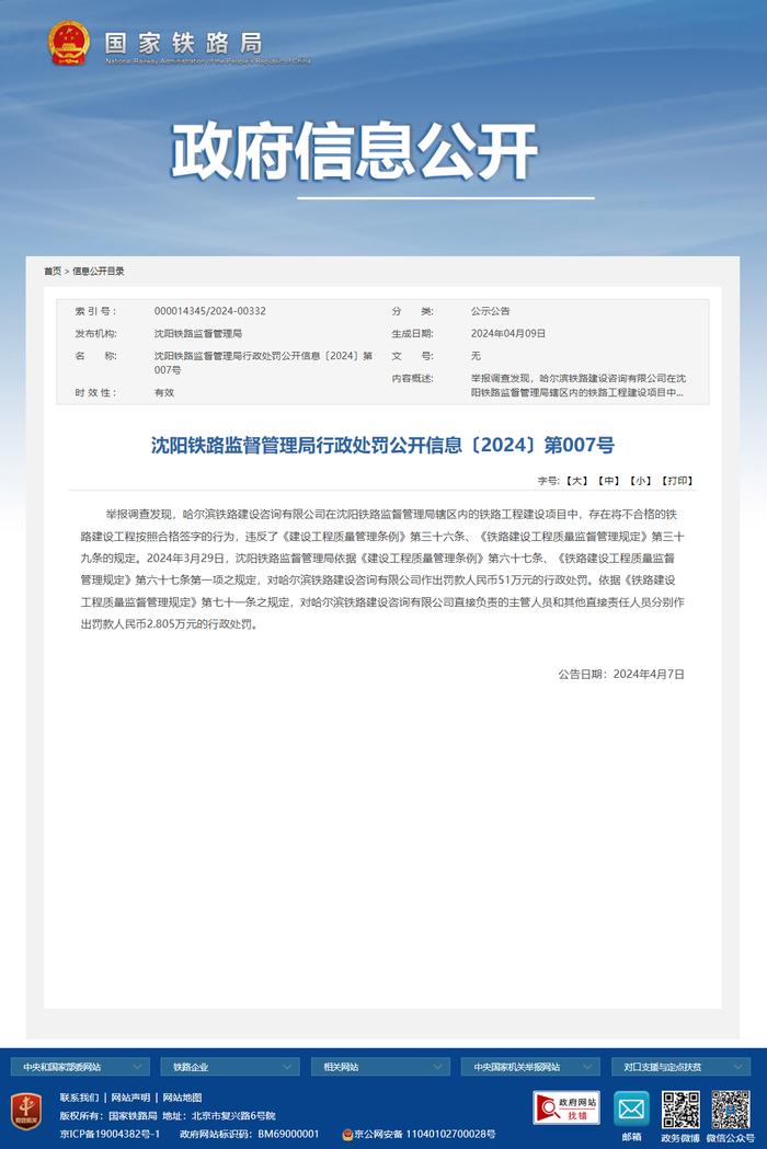 将不合格的铁路建设工程按照合格签字 北京铁研建设监理有限责任公司、哈尔滨铁路建设咨询有限公司被罚