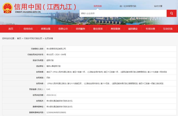 关于对修水县君顺货运有限公司行政处罚信息公示
