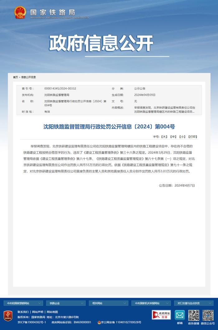 将不合格的铁路建设工程按照合格签字 北京铁研建设监理有限责任公司、哈尔滨铁路建设咨询有限公司被罚