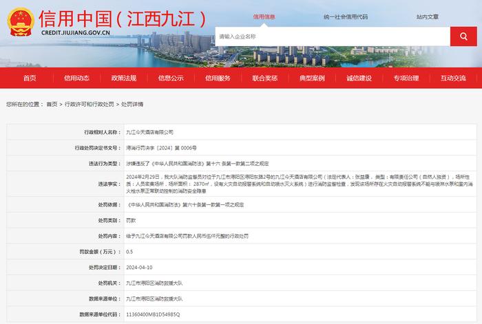 关于对九江今天酒店有限公司行政处罚信息公示