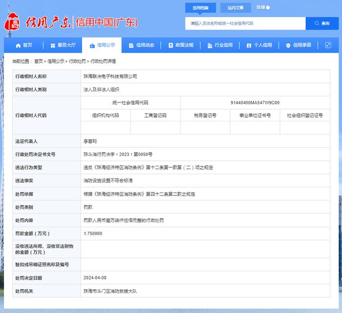 消防设施设置不符合标准 珠海联决电子科技有限公司被罚