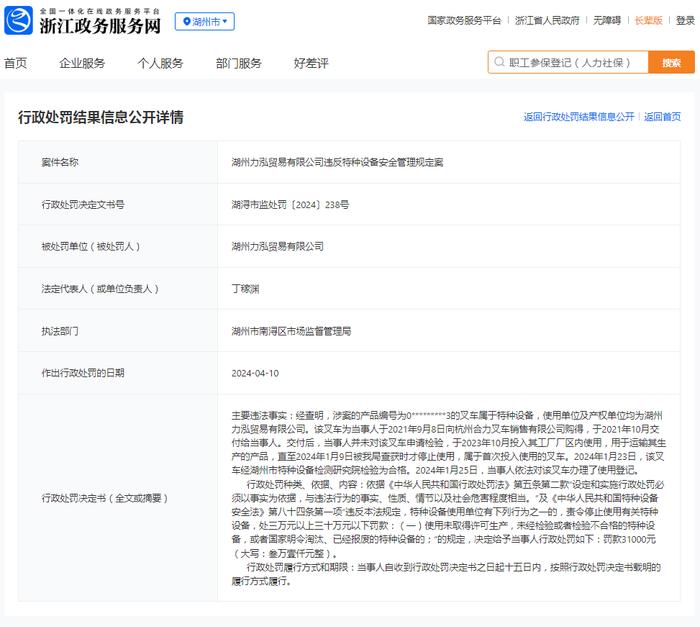 湖州力泓贸易有限公司违反特种设备安全管理规定案