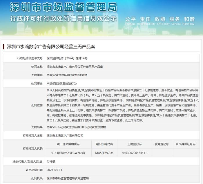 深圳市水滴数字广告有限公司经营三无产品案