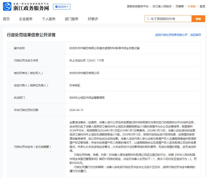 杭州孙冬林餐饮有限公司递交虚假材料取得市场主体登记案