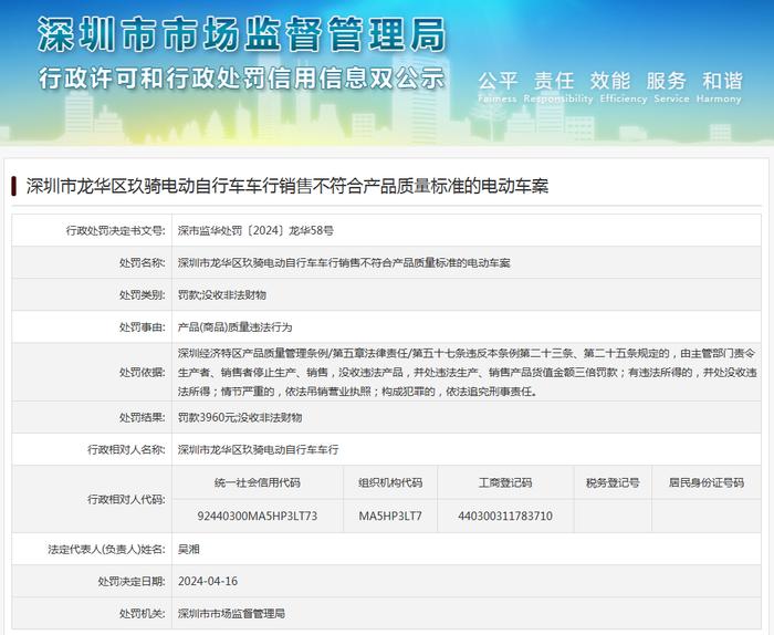 深圳市龙华区玖骑电动自行车车行销售不符合产品质量标准的电动车案