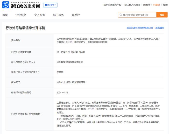 杭州朝聚眼科医院有限公司被罚款10000元