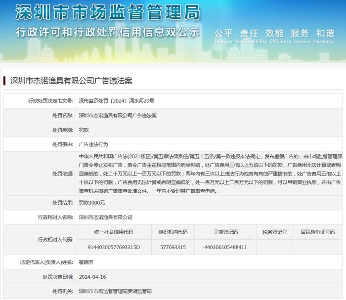 深圳市杰诺渔具有限公司广告违法案