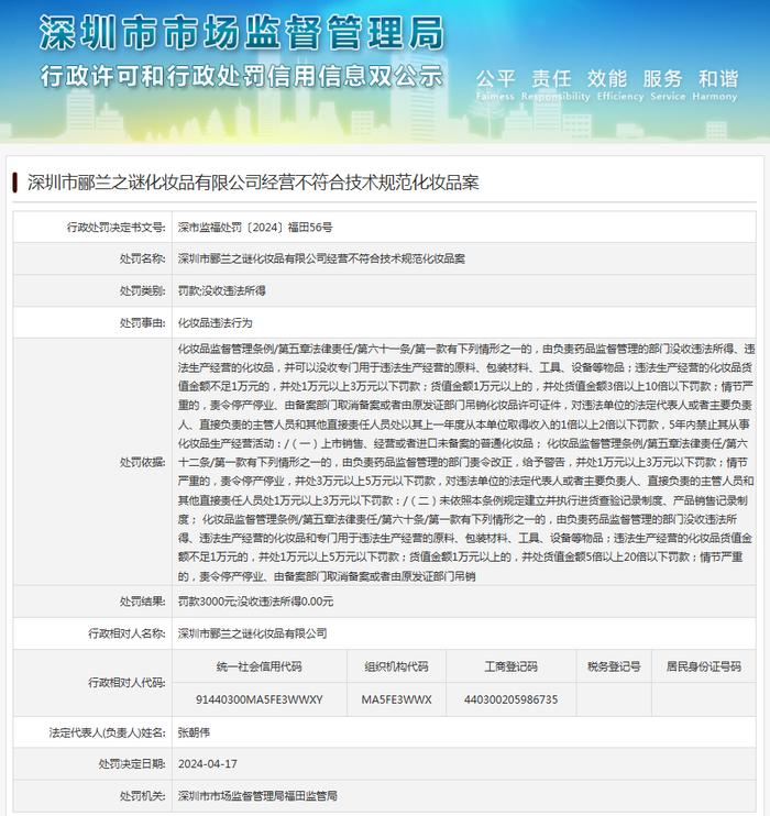 深圳市郦兰之谜化妆品有限公司经营不符合技术规范化妆品案