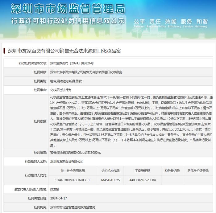 深圳市友家百货有限公司销售无合法来源进口化妆品案