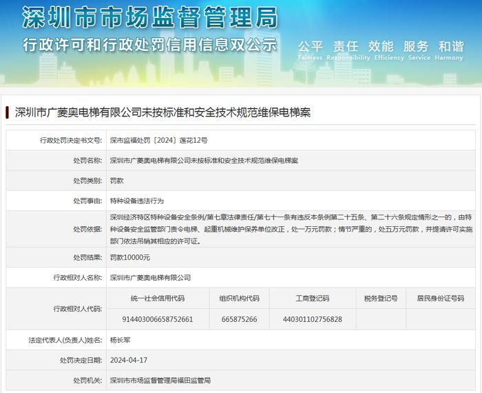 深圳市广菱奥电梯有限公司未按标准和安全技术规范维保电梯案
