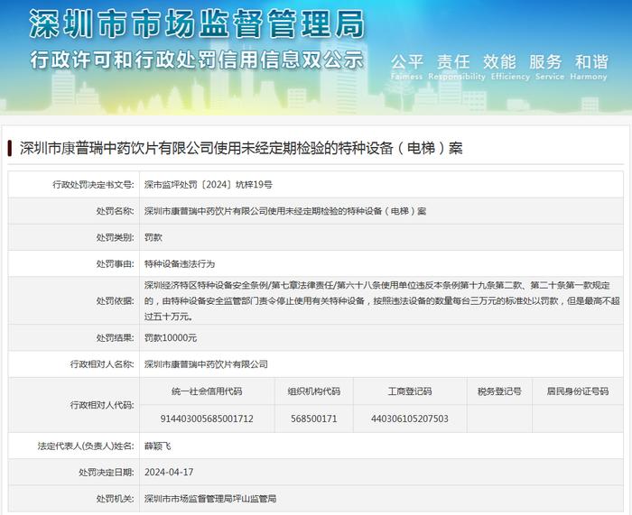 深圳市康普瑞中药饮片有限公司使用未经定期检验的特种设备（电梯）案