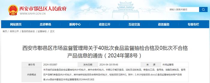 西安市鄠邑区市场监督管理局关于40批次食品监督抽检合格及0批次不合格产品信息的通告（2024年第8号）