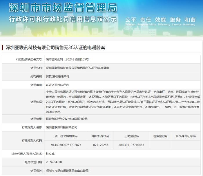 深圳亚联讯科技有限公司销售无3C认证的电暖器案