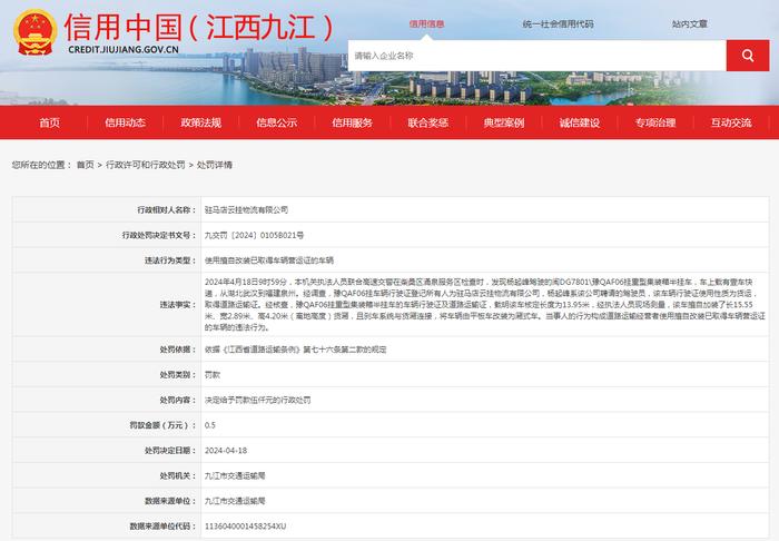 关于对驻马店云挂物流有限公司行政处罚信息公示