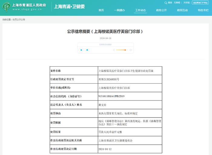 上海桉锘美医疗美容门诊部卫生健康行政处罚案