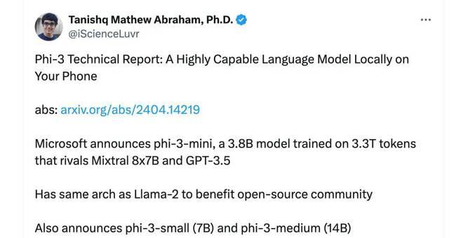 微软发布Phi-3，性能超Llama-3，可手机端运行