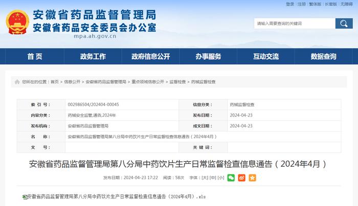 安徽省药品监督管理局第八分局中药饮片生产日常监督检查信息通告（2024年4月）