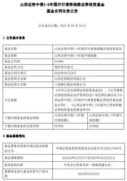 山西证券中债1-3年国开行债成立 基金规模10亿元