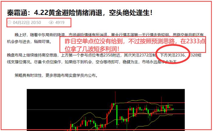 秦霜涵：4.25黄金日内关注区间破位情况，依旧主空辅多思路！