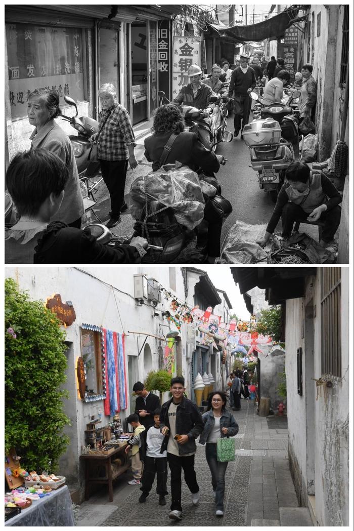 上图为2014年拍摄的小西街（支江摄）；下图为2024年4月21日拍摄的小西街。