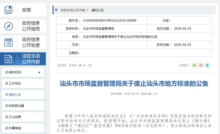 广东省汕头市市场监督管理局关于废止汕头市地方标准的公告