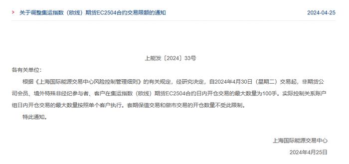 交易规则 · 集运指数（欧线）2504合约交易限额调整为100手，一篇搞定交易限额最新情况