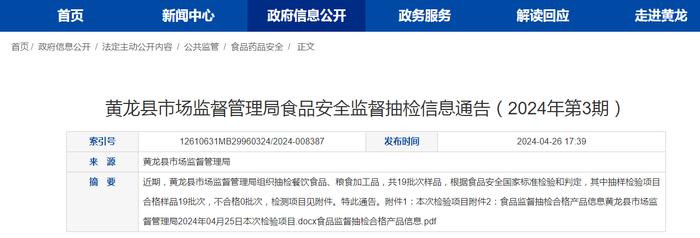 陕西省黄龙县市场监督管理局食品安全监督抽检信息通告（2024年第3期）