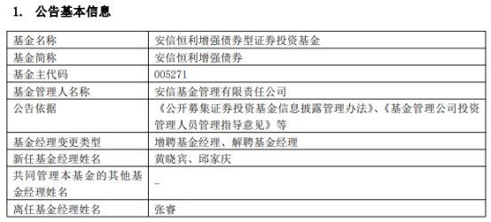 安信恒利增强债增聘基金经理黄晓宾与邱家庆 张睿离任