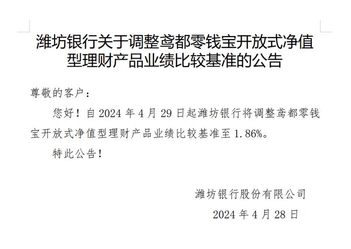 潍坊银行：4月29日起，鸢都零钱宝开放净值型理财业绩比较基准由1.91%调整为1.86%