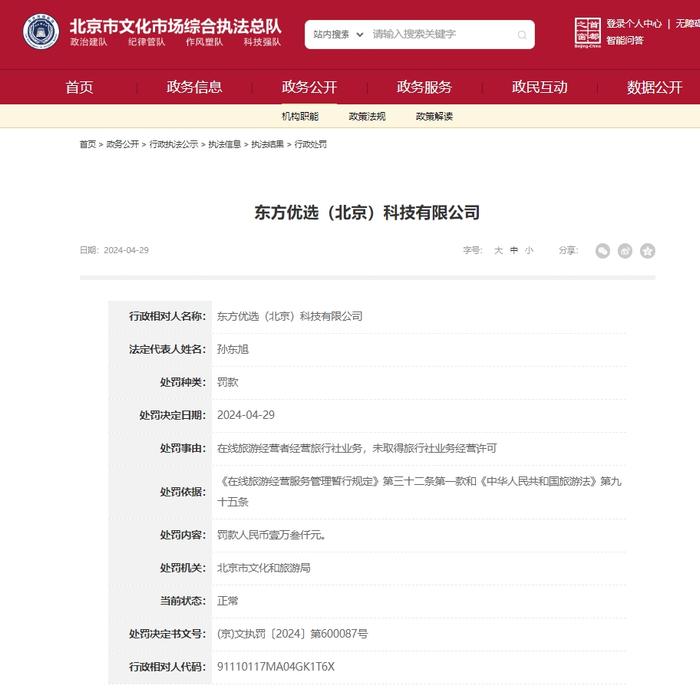 东方优选违规经营旅行社业务被罚