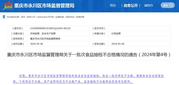 重庆市永川区市场监督管理局关于一批次食品抽检不合格情况的通告（2024年第4号）