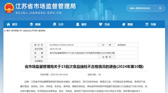 江苏省市场监督管理局关于15批次食品抽检不合格情况的通告(2024年第10期)