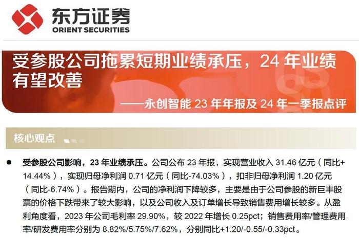 【研报推荐】永创智能2023年年报及2024年一季报点评：受参股公司拖累短期业绩承压，2024年业绩有望改善