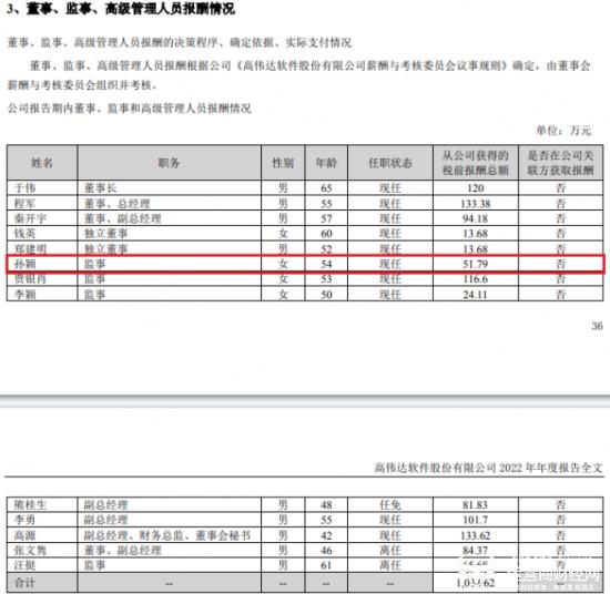 高伟达监事会主席孙颖55岁大专学历 出纳会计出身 去年同比降薪7.33万