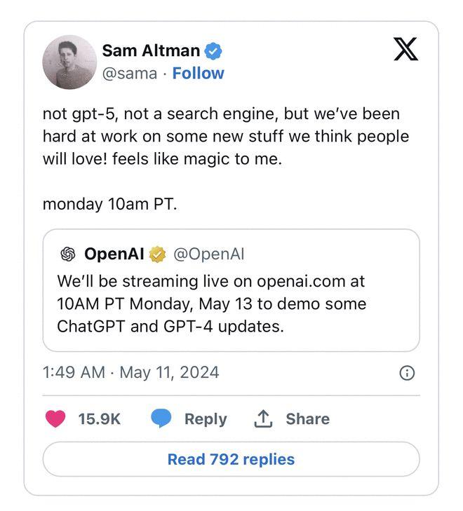 奥特曼"剧透"OpenAI发布会：不是GPT-5，也不是搜索引擎