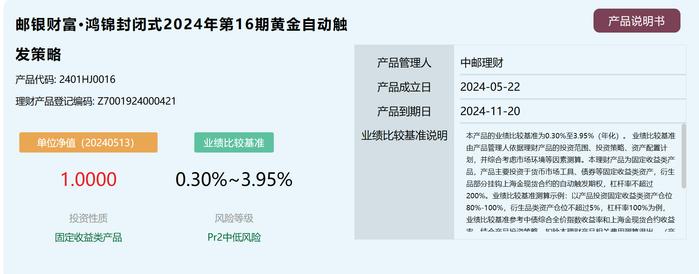 中邮理财邮银财富·鸿锦封闭式2024年第16期5月13日起发行，业绩比较基准0.3%-3.95%