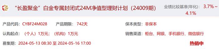 长安银行“长盈聚金”白金专属24M理财24009期5月13日起发行，业绩比较基准3.7%-4.1%