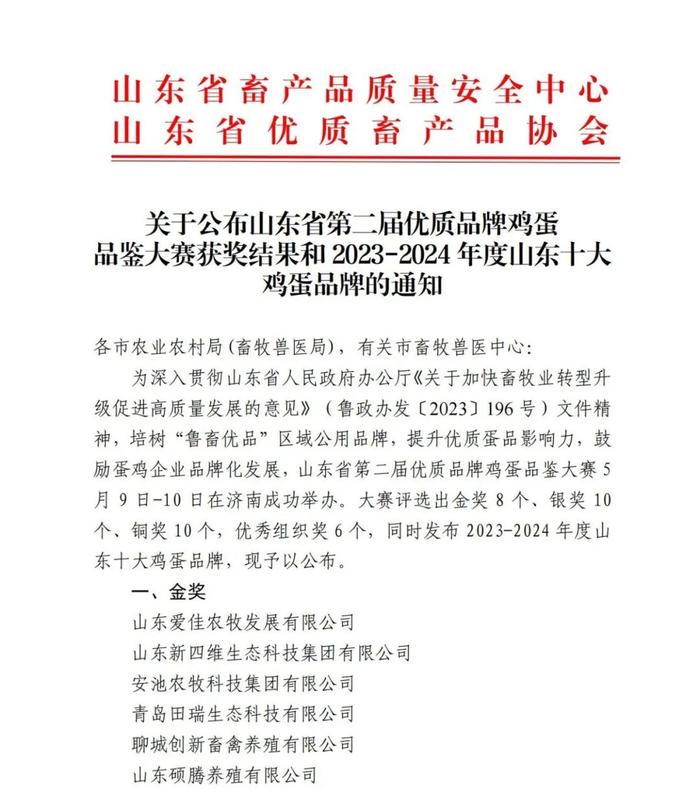 新闻‖关于公布山东省第二届优质品牌鸡蛋品鉴大赛获奖结果和2023-2024年度山东十大鸡蛋品牌的通知