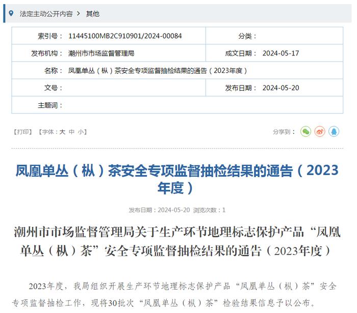 【广东潮州】凤凰单丛（枞）茶安全专项监督抽检结果的通告（2023年度）