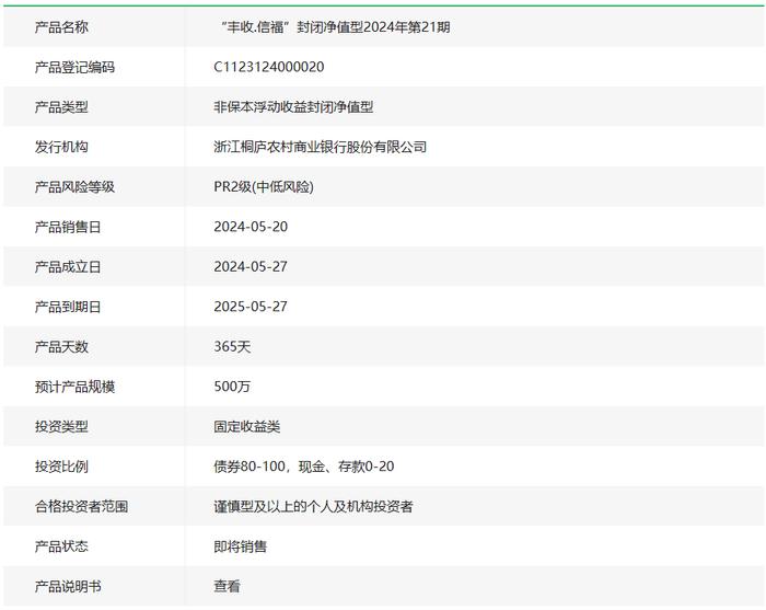 桐庐农商银行丰收信福2024年第21期理财5月20日起发行，业绩比较基准2.8%-4.1%