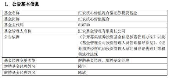 汇安核心价值混合增聘基金经理陆丰 陈欣离任