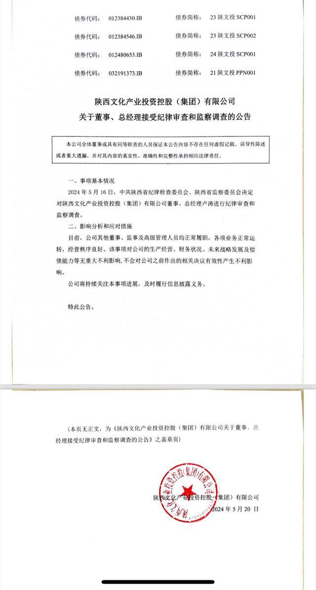 陕西文投总经理卢涛被调查，上市公司曲江文旅董事长耿琳上月被留置