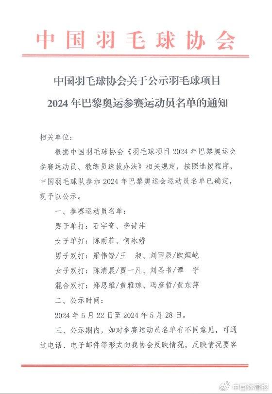 中国羽毛球协会公示羽毛球项目巴黎奥运参赛运动员名单